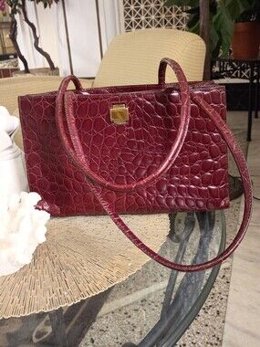Furla Burgundy Croc-Embossed Shoulder Bag with Gold Hardware